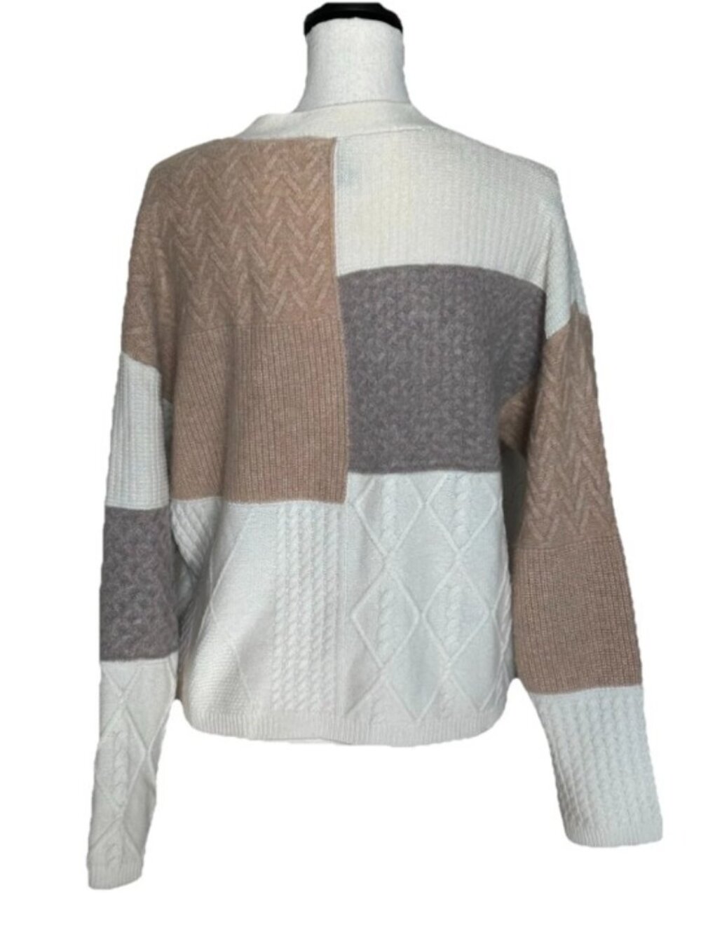 Magaschoni Womens Cashmere Cream Brown Colorblock Knit Cardigan L Boxy Cozy Luxe - Picture 2 of 11
